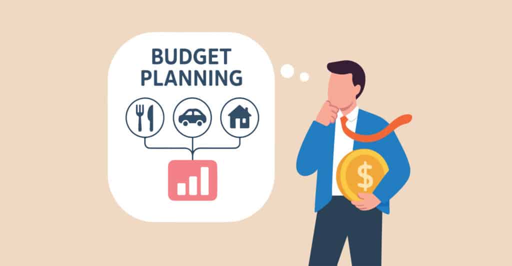 Illustration with the text Budget Planning above icons of food, a car, and a house connected to a bar chart graphic. A businessman holding a large coin with a dollar sign stands beside the chart, representing budgeting decisions and managing expenses across everyday spending categories.