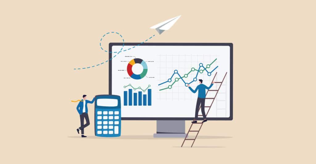 Illustration of two business professionals analyzing financial data on a large computer screen displaying bar charts, a pie chart, and upward trending line graphs. One person stands on a ladder pointing at growth metrics while another stands beside a large calculator, representing financial analysis, forecasting, and business planning.