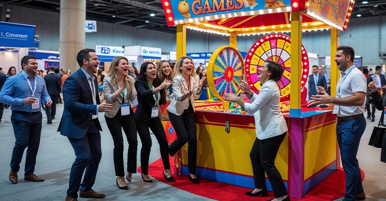 Business professionals enthusiastically participate in a colorful game booth at a trade show event.