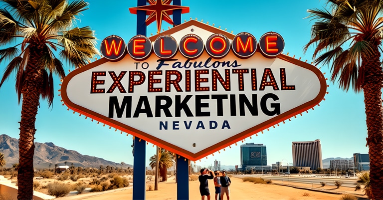 Large Vegas-style sign reads "Welcome to Fabulous Experiential Marketing Nevada" with people posing beneath it.