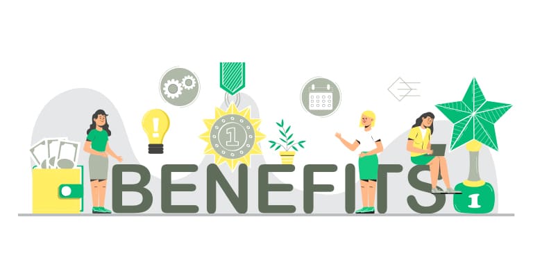 Illustrated characters and icons surrounding the word “Benefits” highlighting rewards and achievements.