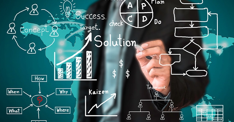 Businessperson drawing marketing and planning strategy diagrams on a transparent screen.