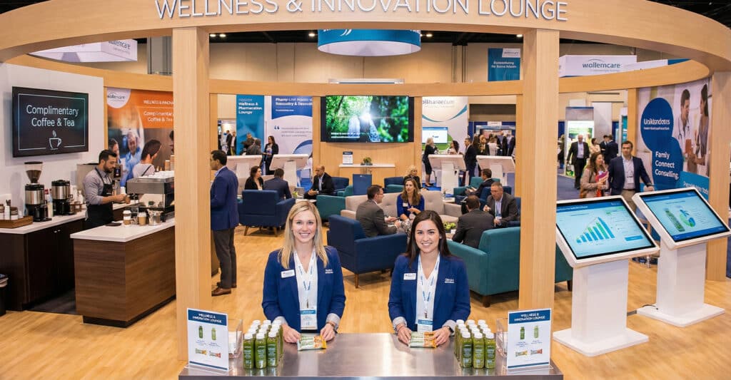 Two women in blue blazers stand behind a counter offering green juice bottles and snack bars at a wellness-themed trade show lounge. The space includes seating areas for networking, a coffee bar with a “Complimentary Coffee & Tea” sign, and large touchscreens displaying wellness data visualizations.