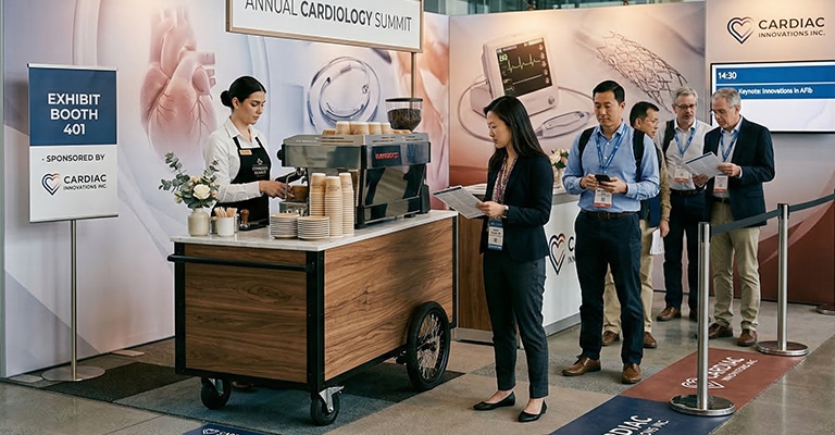 Pharmaceutical Trade Show Hospitality: The Complete Guide 4 A branded coffee service station at exhibit booth 401 during the "Annual Cardiology Summit" serves attendees wearing conference badges as they wait in line and read event materials. Signage for Cardiac Innovations Inc. and a session screen in the background make this a clear pharmaceutical trade show hospitality setup focused on attendee engagement.