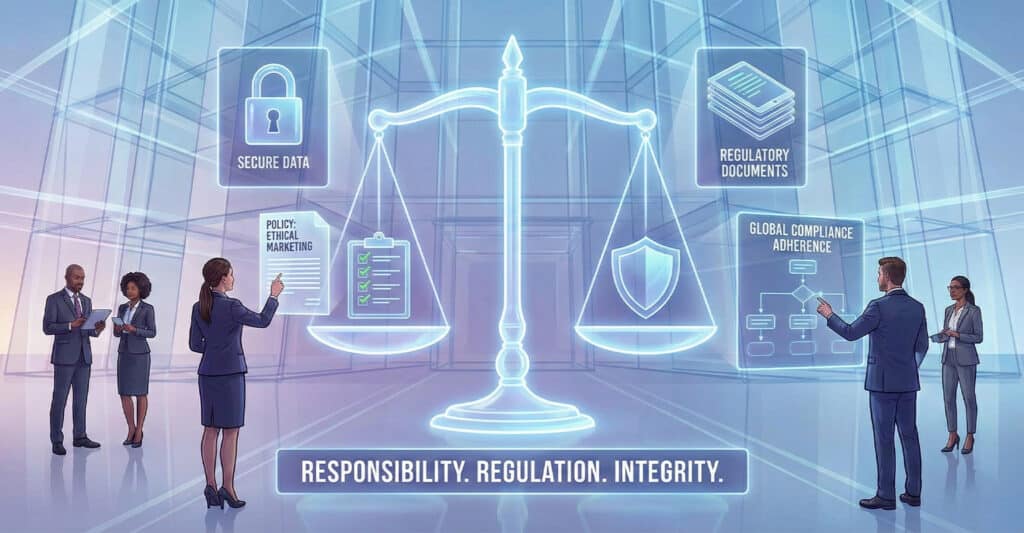 Business professionals in formal attire engage with floating digital graphics representing secure data, ethical marketing policies, regulatory documents, and global compliance adherence. A glowing scale of justice anchors the center, symbolizing balance between regulation and integrity, with the words "Responsibility. Regulation. Integrity." displayed at the bottom.