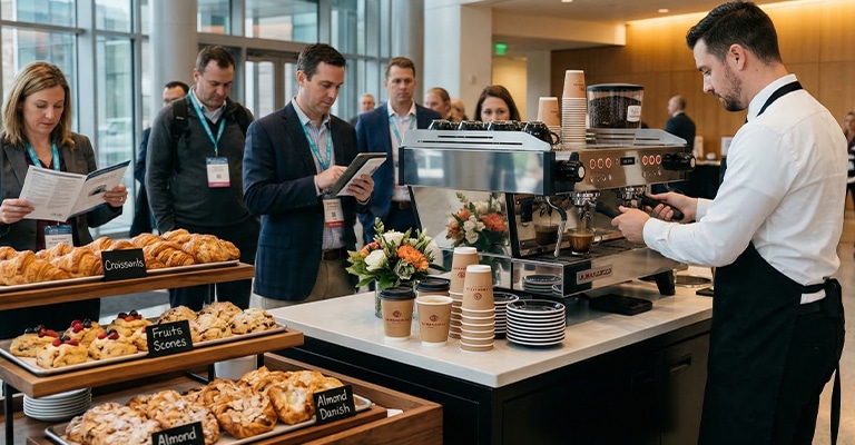 Pharmaceutical Trade Show Hospitality: The Complete Guide 5 A barista prepares coffee at a catered refreshment station while conference attendees wearing badges gather around with brochures and phones. Trays labeled "Croissants," "Fruit Scones," and "Almond Danish" beside branded coffee cups show pharmaceutical trade show hospitality designed to keep guests comfortable and engaged.