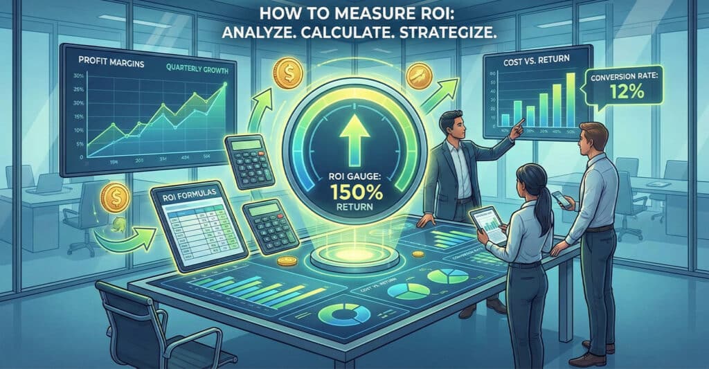 business team analyzing return on investment (ROI) data in a high-tech conference room, with digital screens showing profit margins, cost vs. return, and a conversion rate of 12 percent. A large central gauge reads "ROI Gauge: 150% Return," surrounded by floating calculators, charts, and ROI formulas as the team discusses strategy.