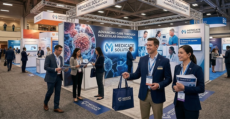 Pharmaceutical Trade Show Hospitality: The Complete Guide 6 Alt text: Staff members stand in front of the "Medicate Solutions" booth at a busy convention hall, greeting attendees and handing out branded tote bags and materials. Large signs reading "Medicate Solutions," "Pharmaceutical Innovation," "Advancing Care Through Molecular Innovation," "Q4 Research Update Session," "Clinical Brief," and "Corporate Catering" show a pharmaceutical trade show hospitality setup designed to attract visitors and support conversations at the booth.