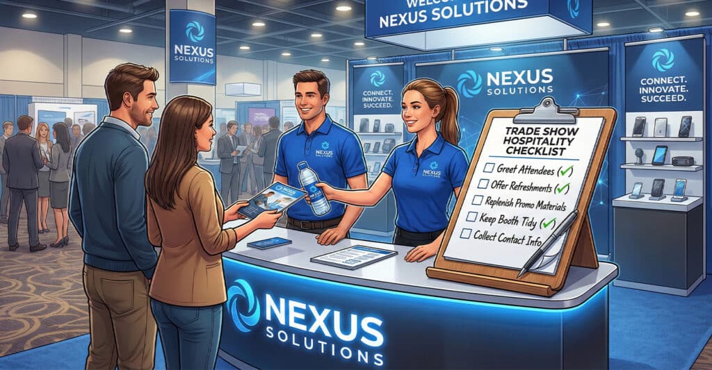 A trade show booth for Nexus Solutions features two smiling representatives in branded blue polos greeting attendees with promotional materials and bottled water. A large clipboard displays a “Trade Show Hospitality Checklist” with five items, three of which are checked: “Greet Attendees,” “Offer Refreshments,” and “Replenish Promo Materials.” The booth backdrop displays technology products and the slogan “Connect. Innovate. Succeed.”