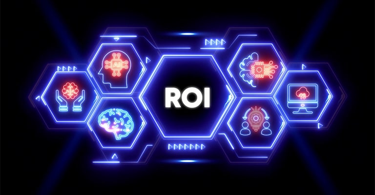 Pharmaceutical Trade Show Hospitality: The Complete Guide 9 A neon style digital graphic shows the word "ROI" in the center, surrounded by glowing hexagons with icons of a brain, a computer, people, and AI related symbols on a dark background. This conceptual image supports pharmaceutical trade show hospitality content by highlighting return on investment and the value of using strategy and technology to measure event outcomes.